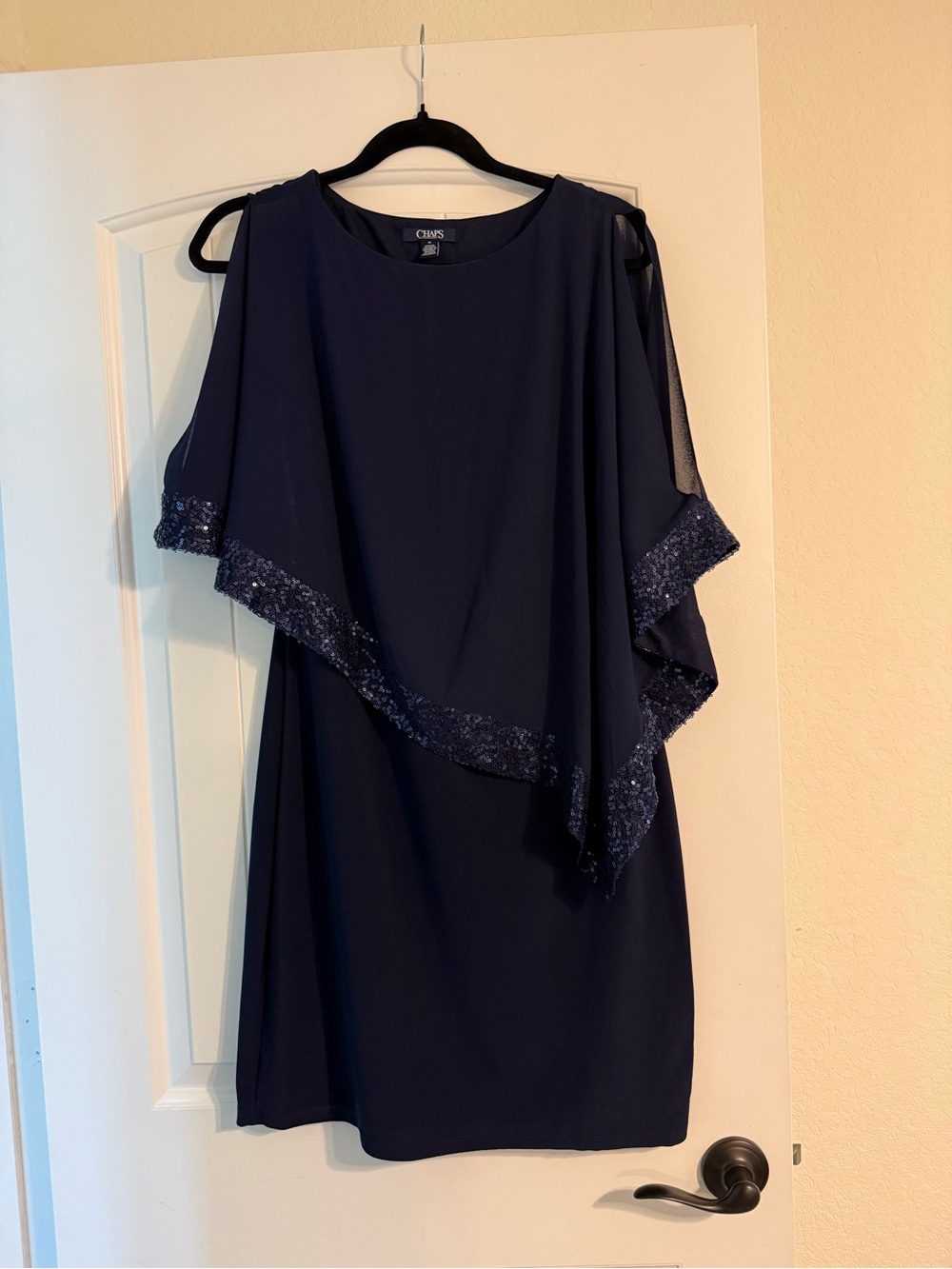 Chaps Navy One-Shoulder Capelet Dress with Sequin Trim